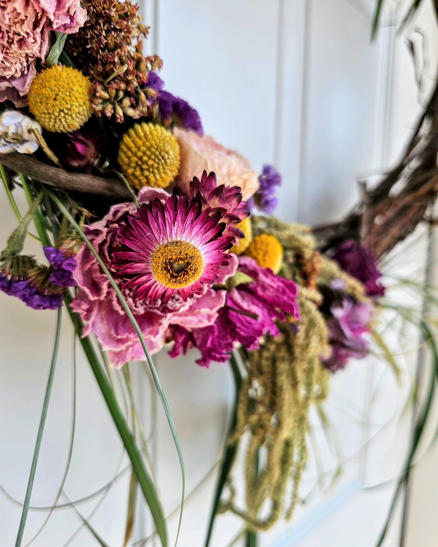 Custom, Garden grown and dried floral wreath, Pink, Yellow and Magenta